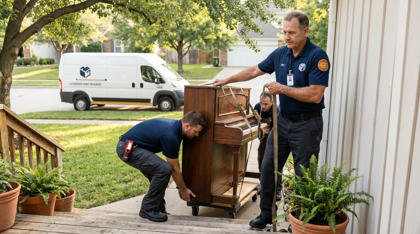 Licensed piano movers securing grand piano in Augusta, KS