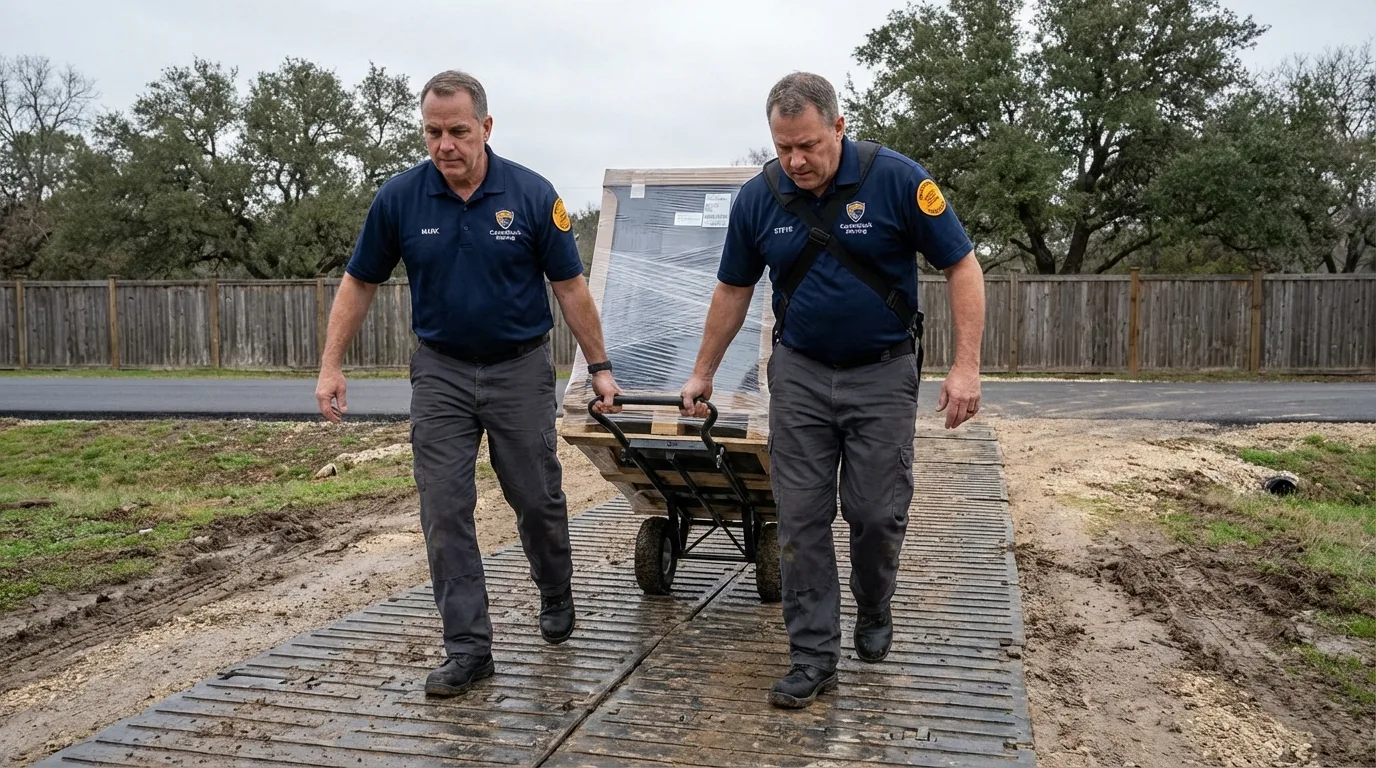 Steel track mats laid across rural driveway for heavy moving truck access over soft ground